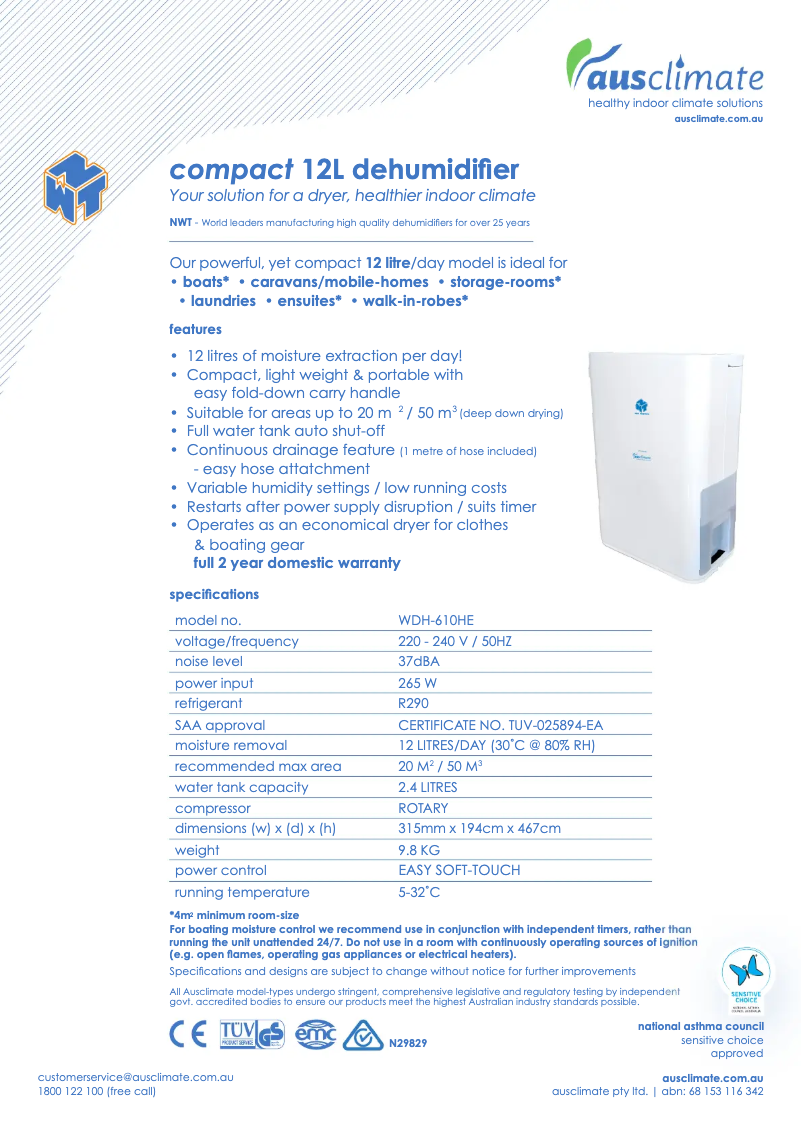 Page n°1 - Fiche technique Ausclimate WDH-610HE