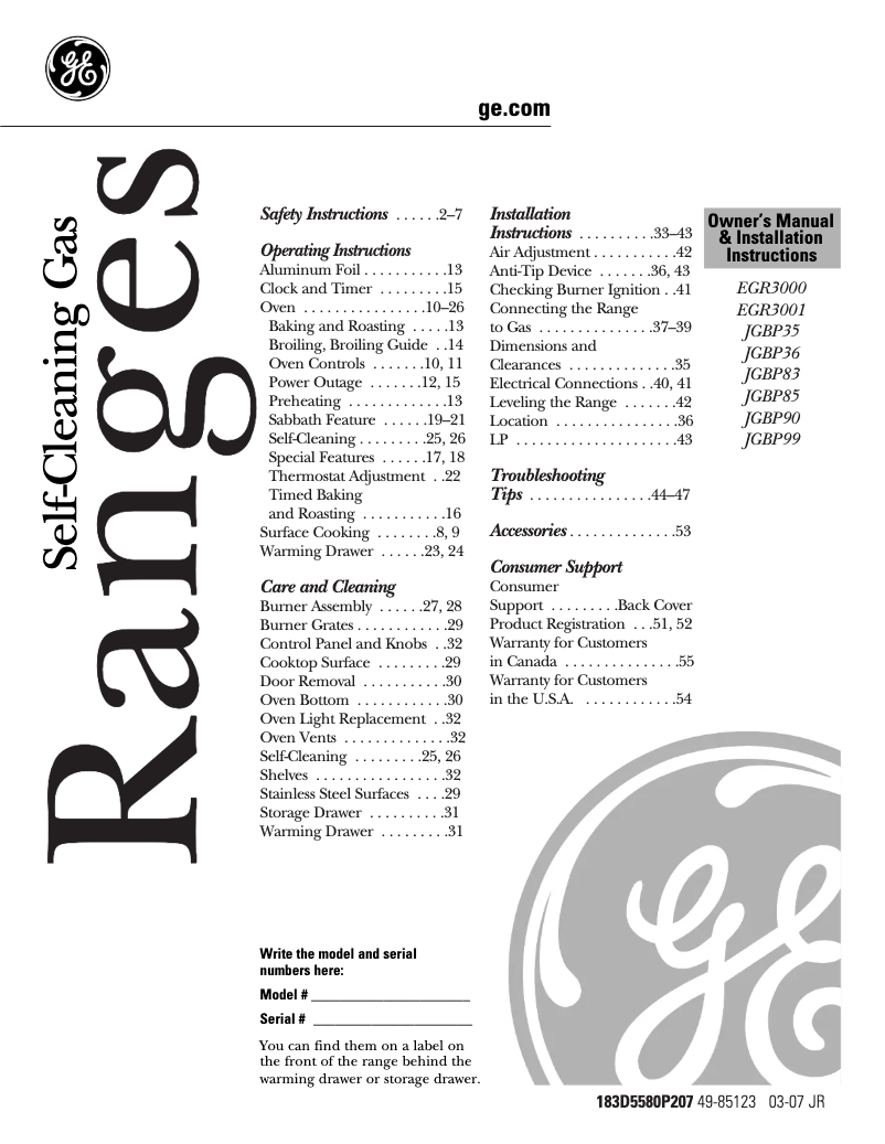 Page 1 of the manual User Manual GE Adora JGBP83BEJBB