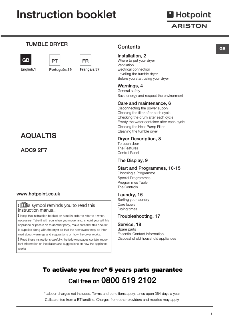 Image de la première page du manuel de l'appareil Aqualtis AQC9 2F7