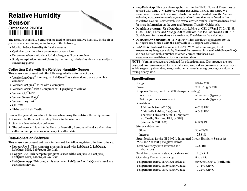 Page 1 de la notice Manuel utilisateur Vernier RH-BTA
