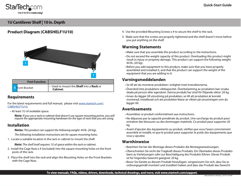 Page 1 de la notice Manuel utilisateur StarTech.com CABSHELF1U10