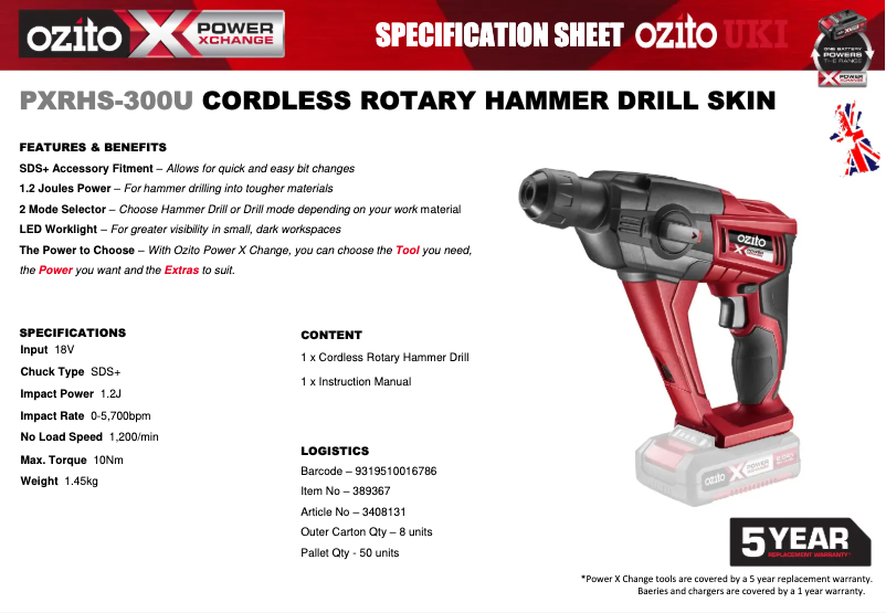 Page 1 de la notice Fiche technique Ozito PXRHS-300U