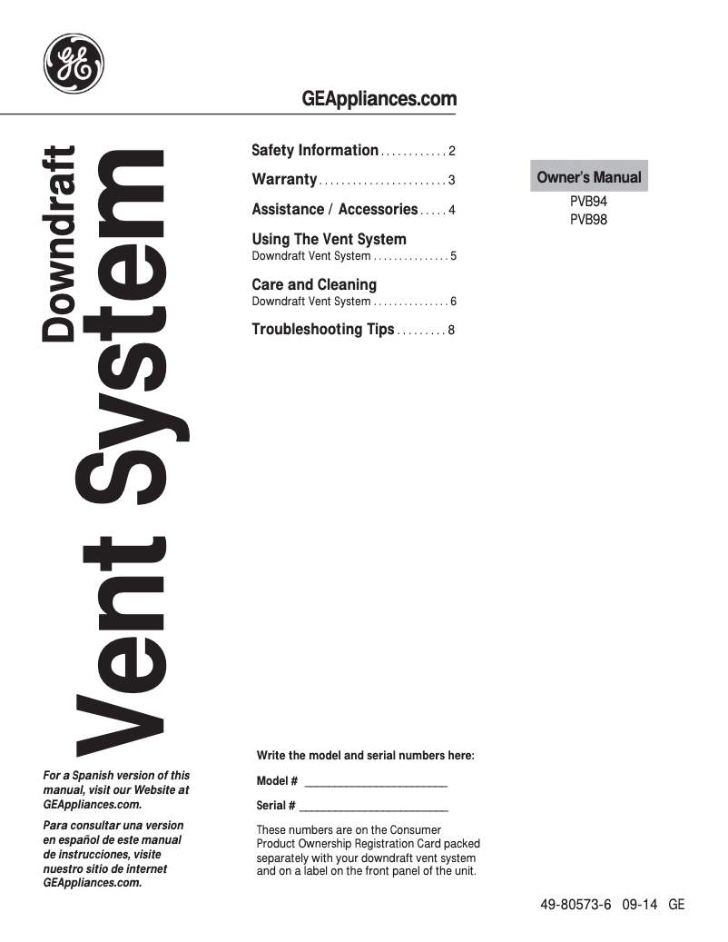 Page 1 of the manual Use and Maintenance Manual GE Profile PVB94STSS