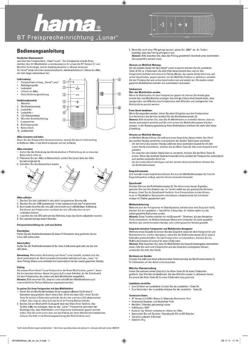 Page 1 de la notice Manuel utilisateur Hama Lunar