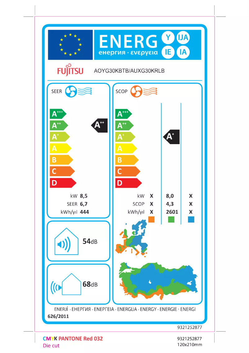 Page 1 de la notice Label énergétique Fujitsu AUXG30KRLB