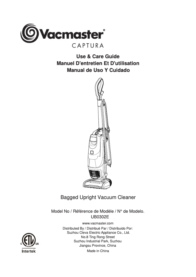 Page 1 de la notice Manuel utilisateur Vacmaster Captura UB0302E