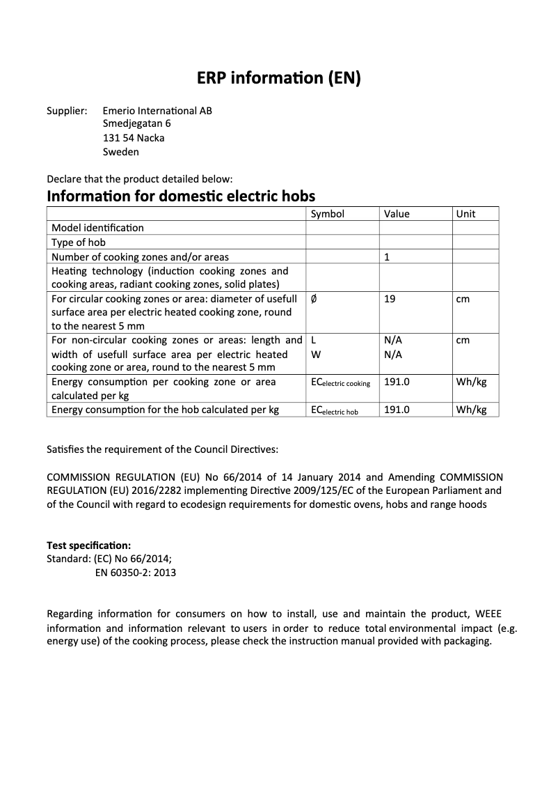 Page 1 de la notice Fiche technique Emerio IP-111233.1