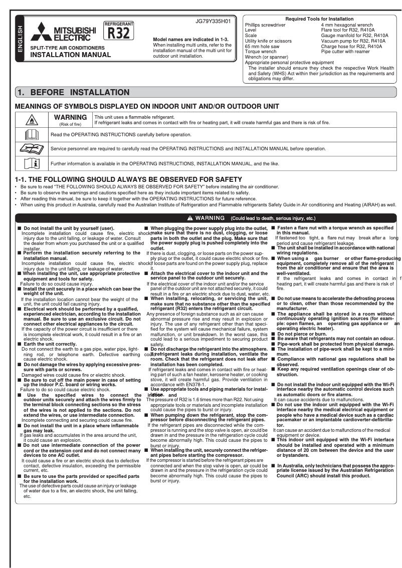 Page 1 de la notice Guide d'installation Mitsubishi MSZ-AP71VG