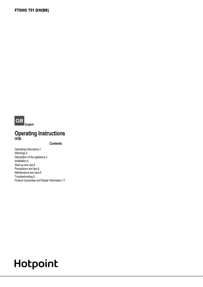 Page n°1 - Manuel utilisateur Hotpoint FTGHG 751 D/H