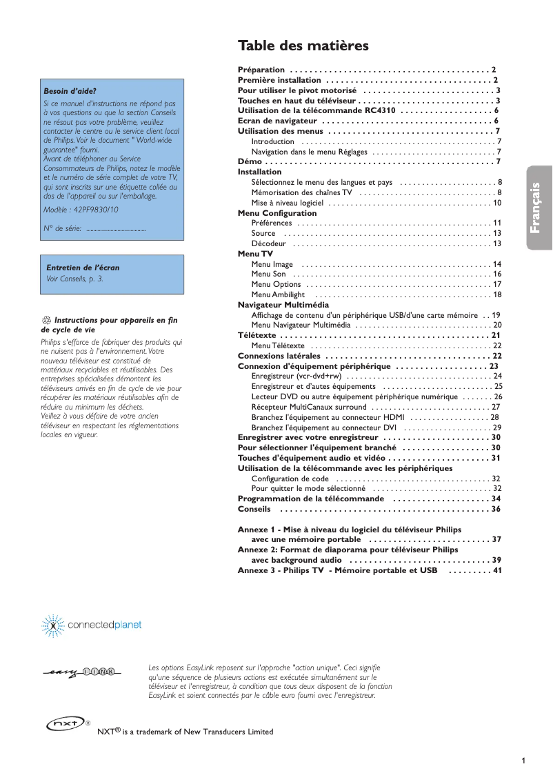 Image de la première page du manuel de l'appareil Cineos 42PF9830