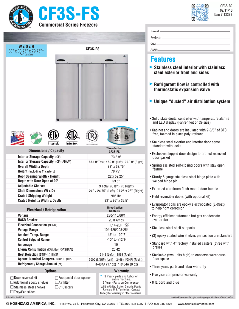 Page n°1 - Fiche technique Hoshizaki Commercial CF3S-FS