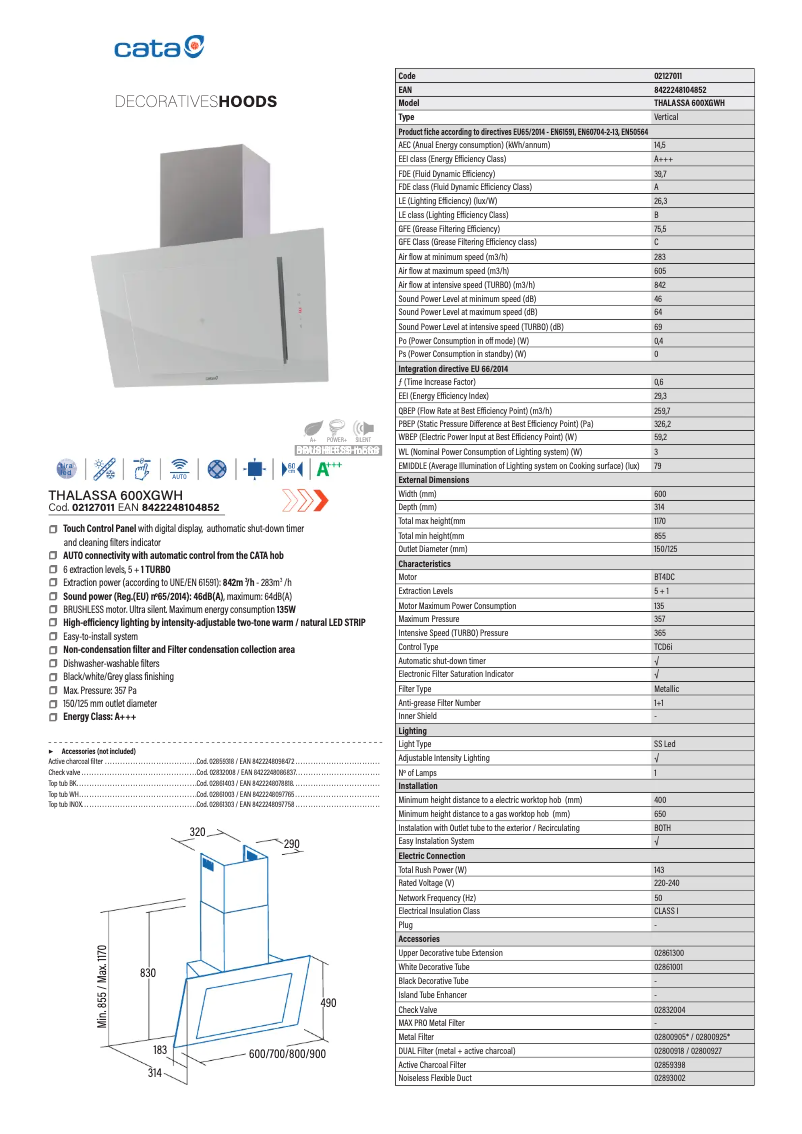 Page 1 de la notice Fiche technique CATA THALASSA WH