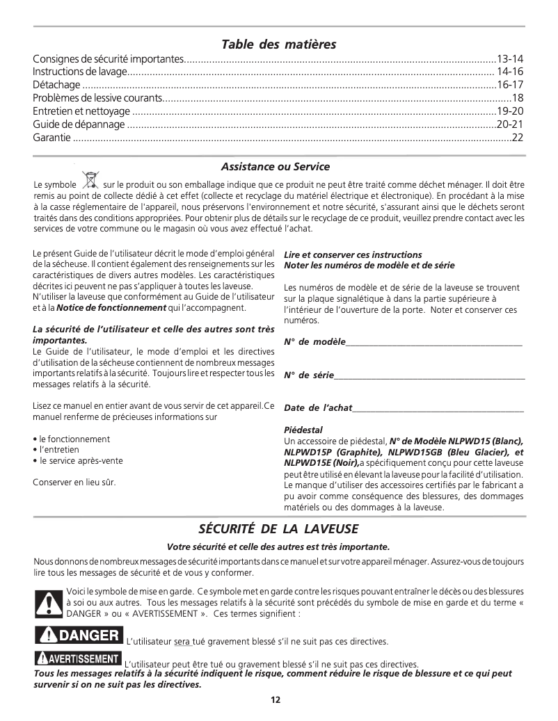 Page 1 de la notice Manuel utilisateur Frigidaire LTF2940FS