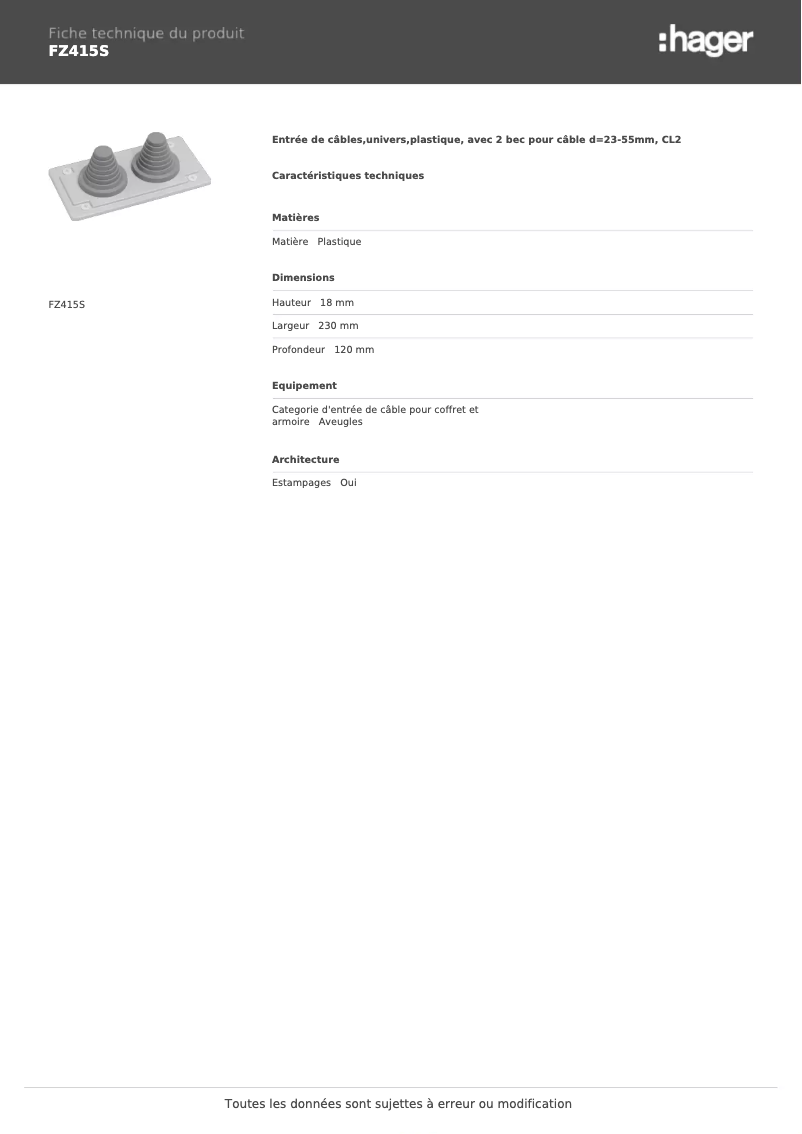 Page n°1 - Fiche technique Hager FZ415S