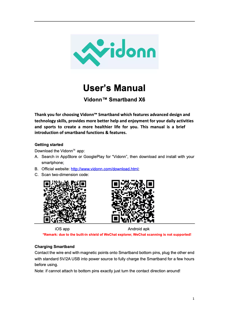 Page 1 de la notice Manuel utilisateur Vidonn Smartband X6