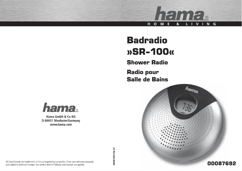 Page 1 de la notice Manuel utilisateur Hama SR100 87692