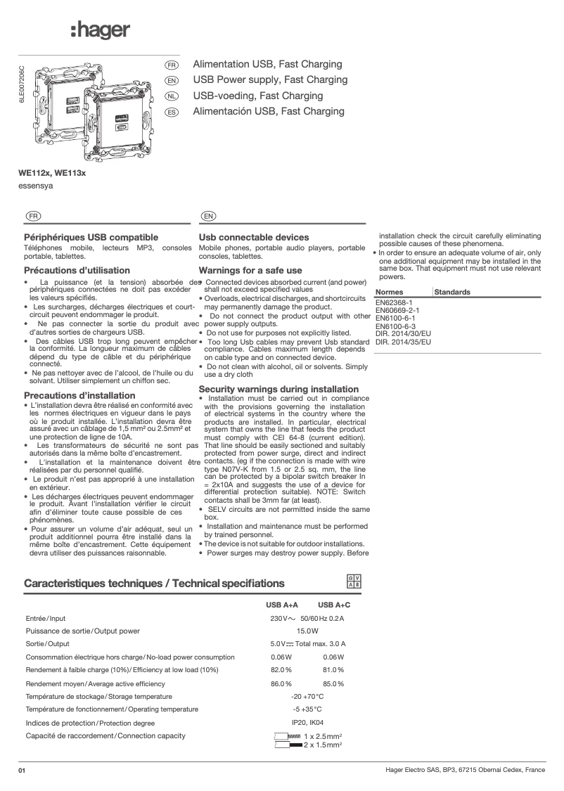 Page 1 de la notice Guide d'installation Hager WE113