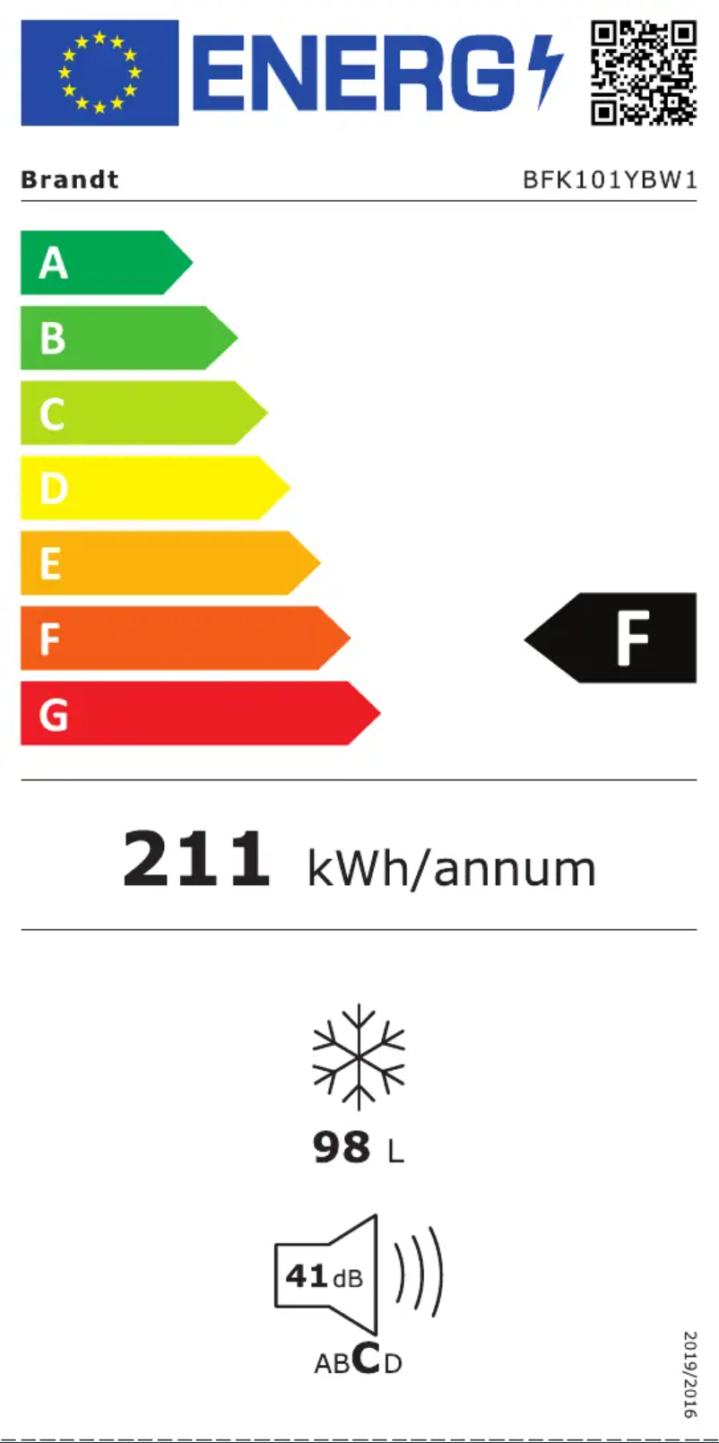 Page 1 de la notice Label énergétique Brandt BFK101YBW