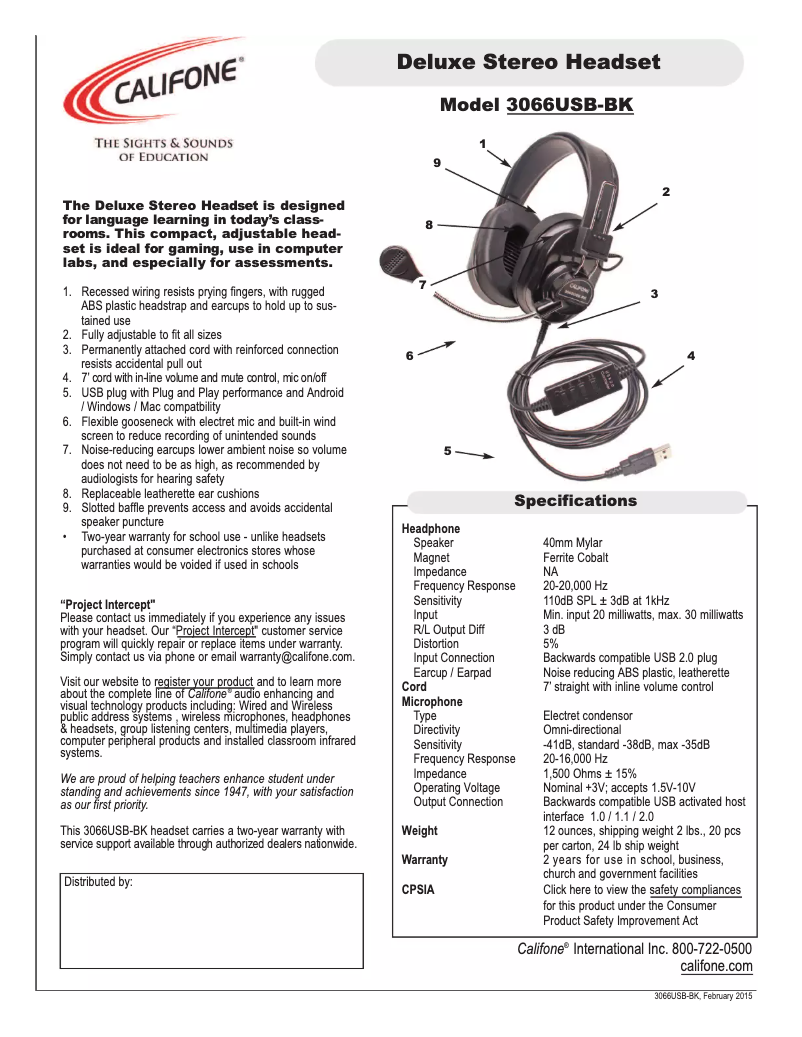 Page 1 de la notice Manuel utilisateur Califone 3066USB-BK