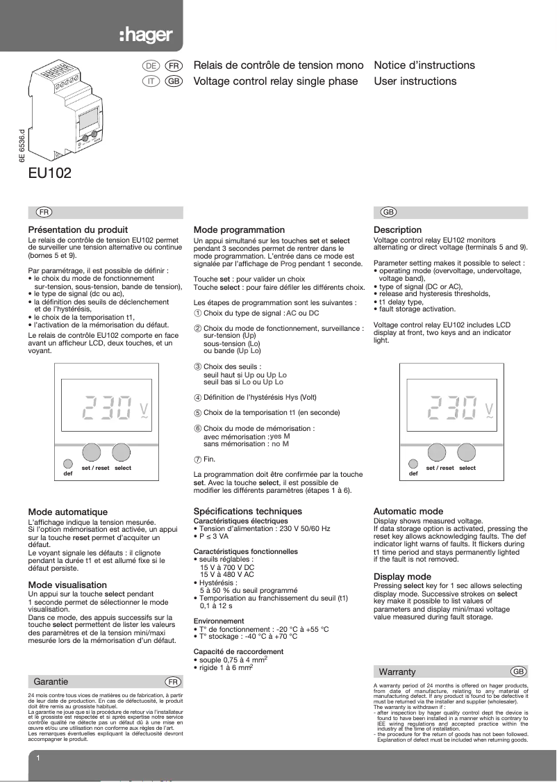 Image de la première page du manuel de l'appareil EU102
