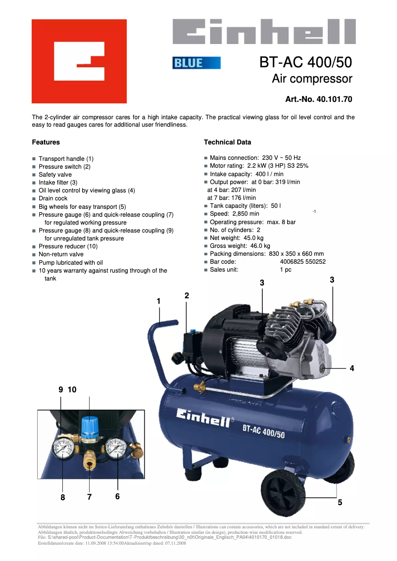 Page 1 de la notice Fiche technique Einhell BT-AC 400/50