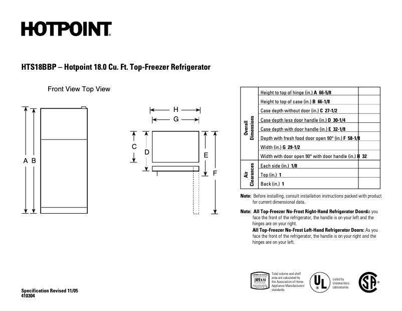 Page 1 de la notice Fiche technique Hotpoint HTS18BBPRCC