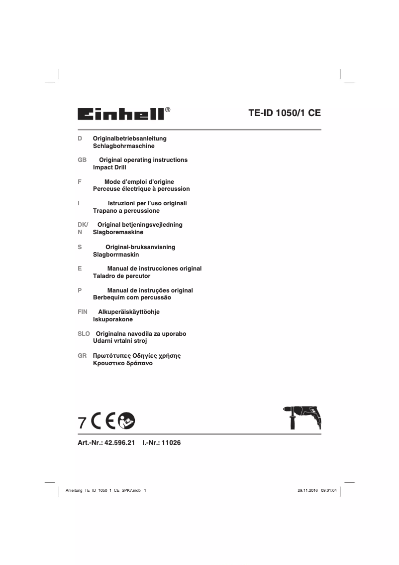 Page 1 de la notice Manuel utilisateur Einhell TE-ID 1050/1 CE