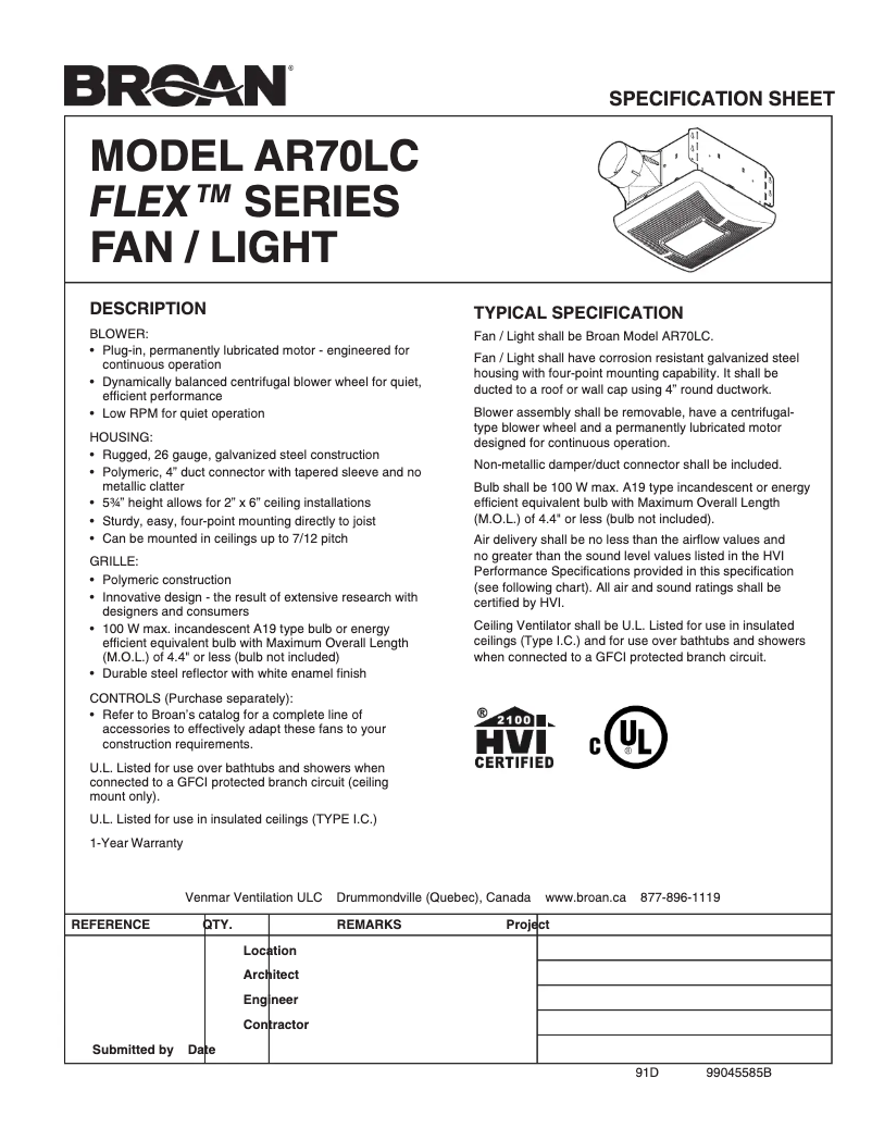 Página 1 del manual Ficha técnica Broan AR70LC