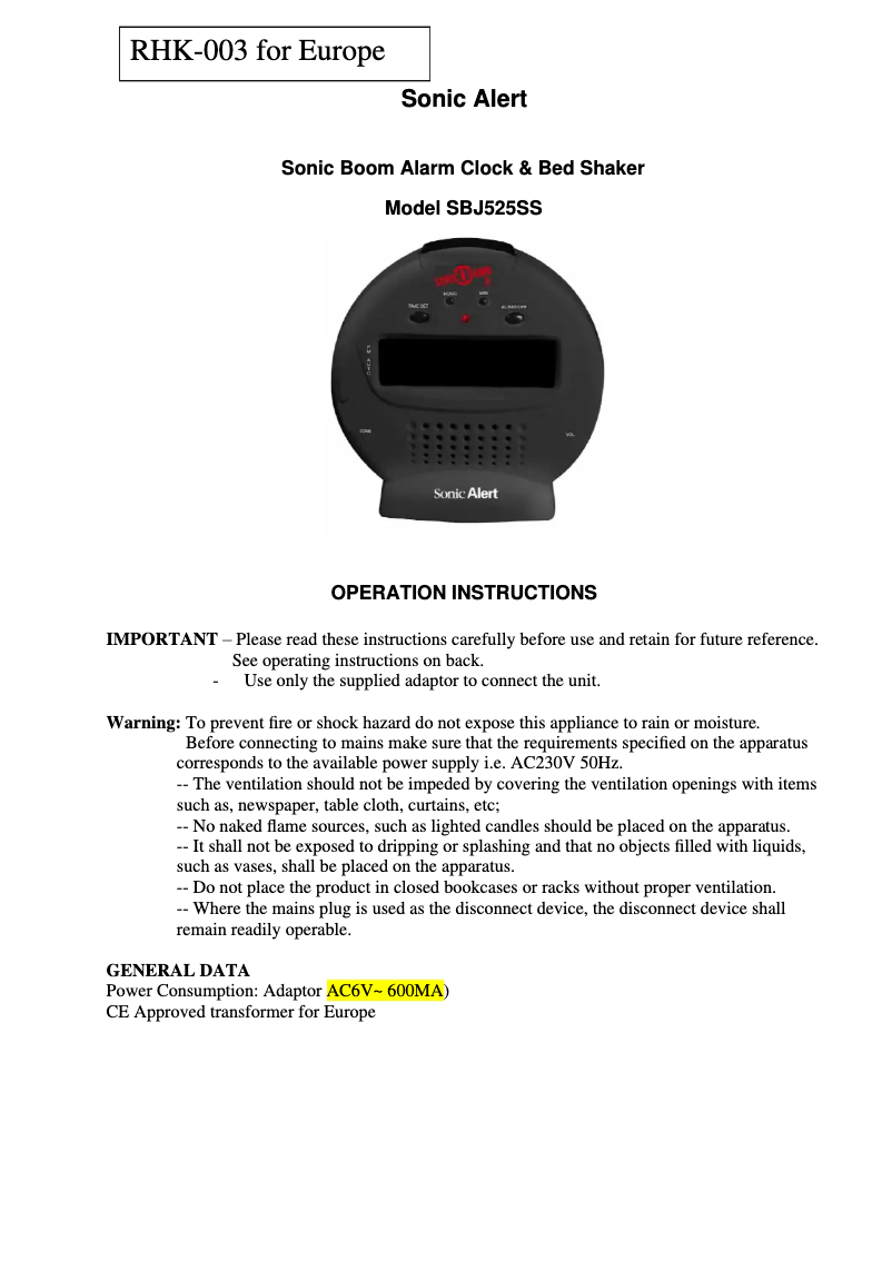 Page 1 of the manual User Manual Sonic Alert SBJ525SS
