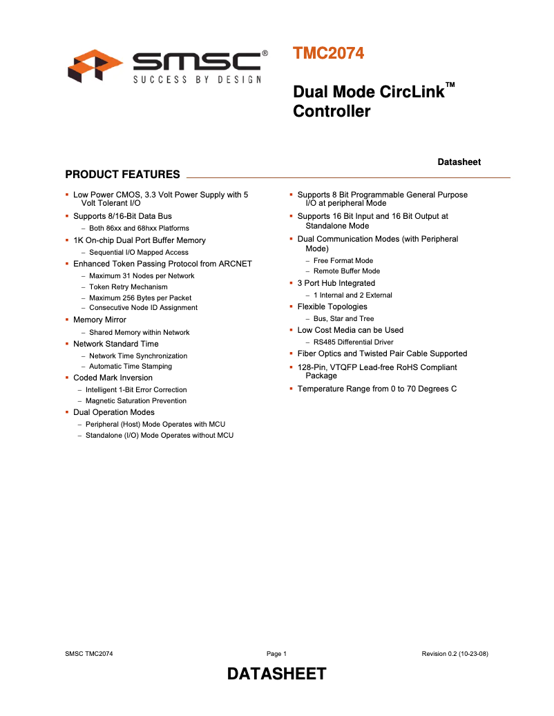 Page 1 de la notice Fiche technique Microchip TMC2074