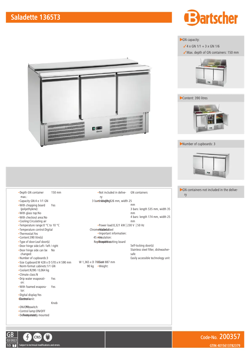 Page 1 de la notice Fiche technique Bartscher T3