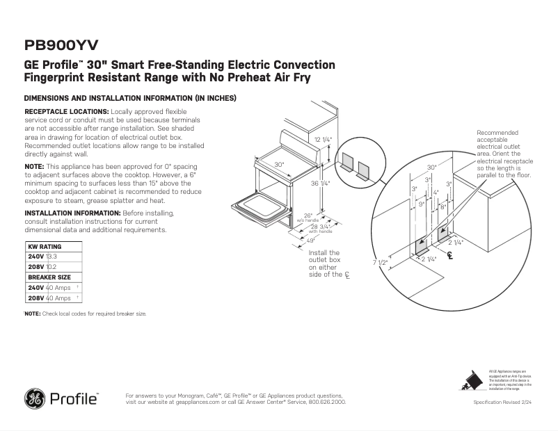 Page 1 of the manual Technical Sheet GE Profile PB900YVFS