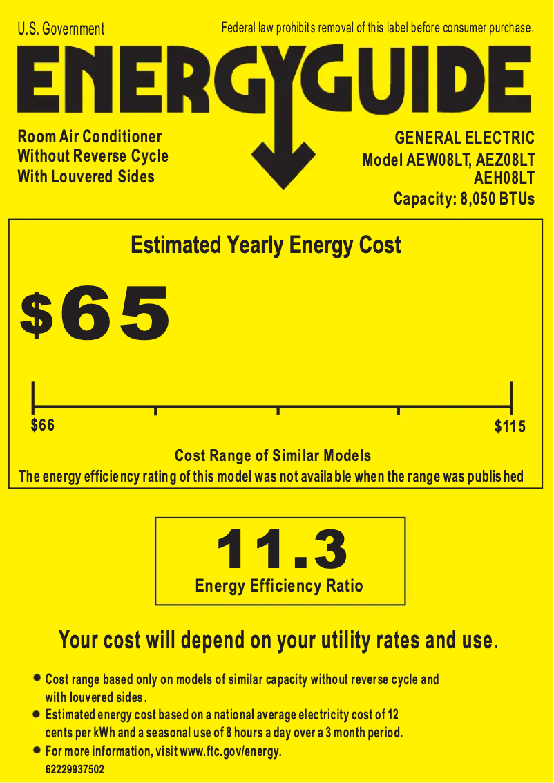 Page 1 of the manual Energy Label GE AEH08LT