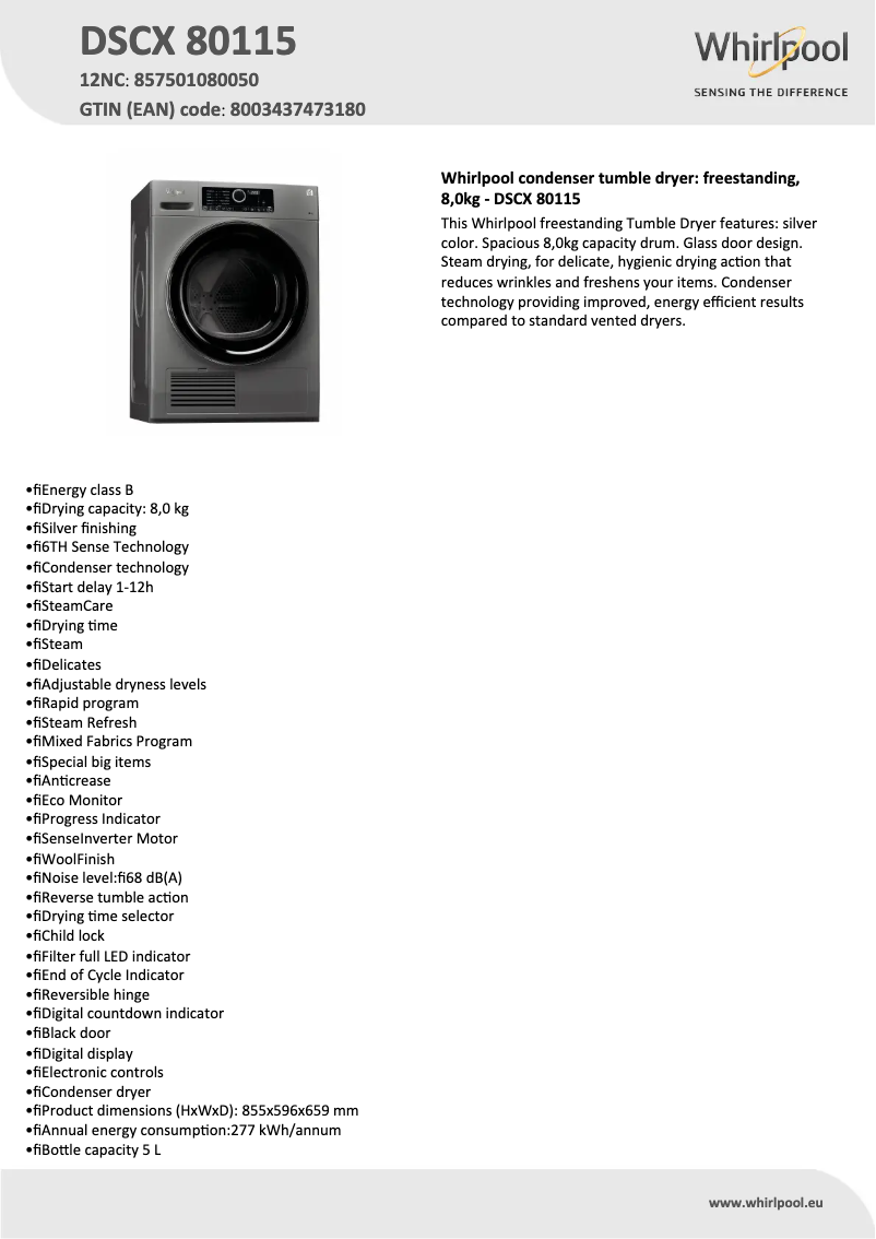 Página 1 del manual Ficha técnica Whirlpool DSCX 80115