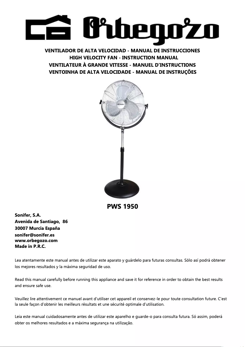 Page n°1 - Manuel utilisateur Orbegozo PWS 1950