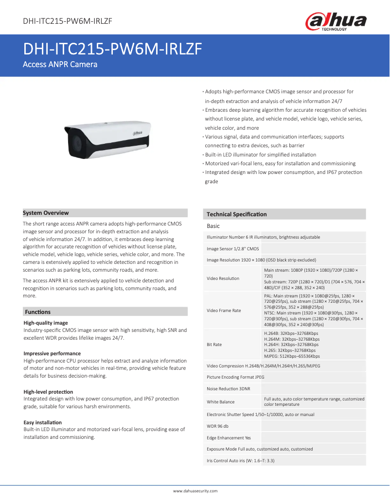Page 1 de la notice Fiche technique Dahua Technology ITC215-PW6M-IRLZF