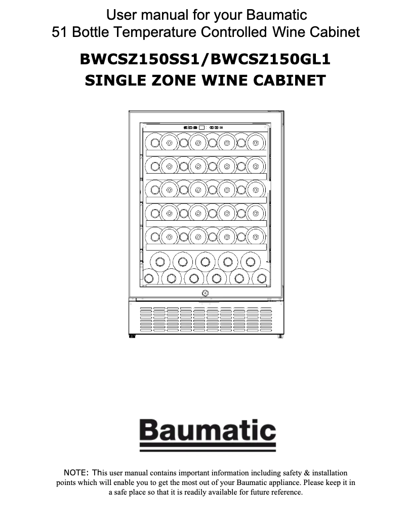 Page 1 de la notice Manuel utilisateur Baumatic BWCDZ150SS1