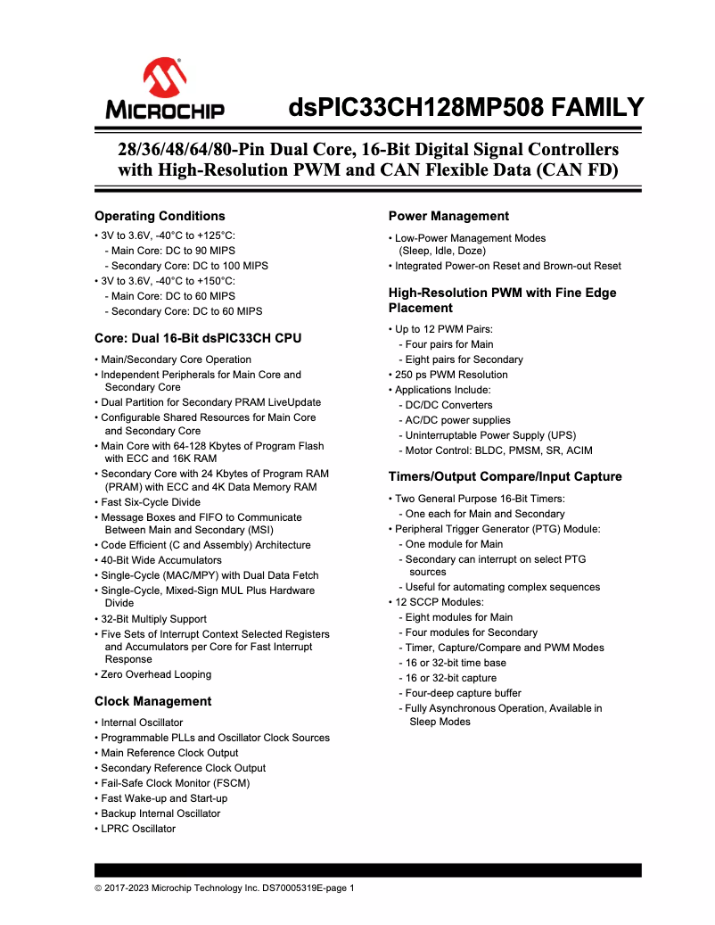 Imagen de la primera página del manual del dispositivo dsPIC33CH512MP505