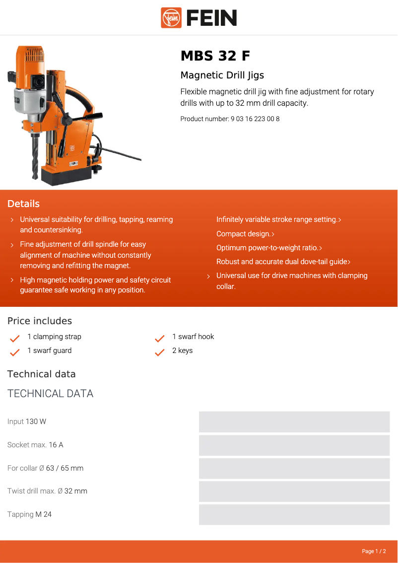 Page n°1 - Fiche technique Fein MBS 32 F