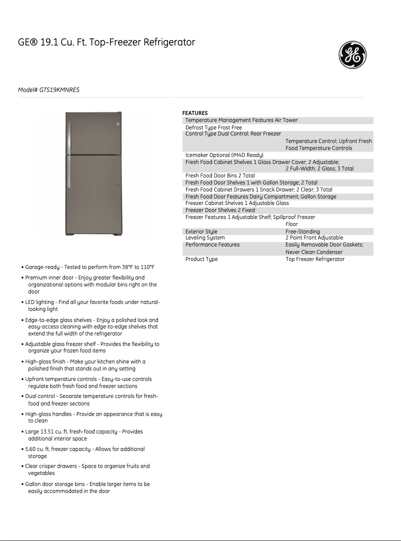 Image de la première page du manuel de l'appareil GTS19KMNRES