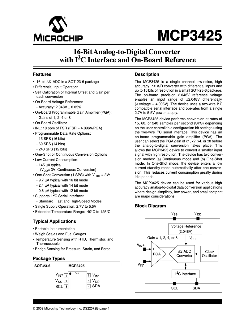 Página 1 del manual Ficha técnica Microchip MCP3425