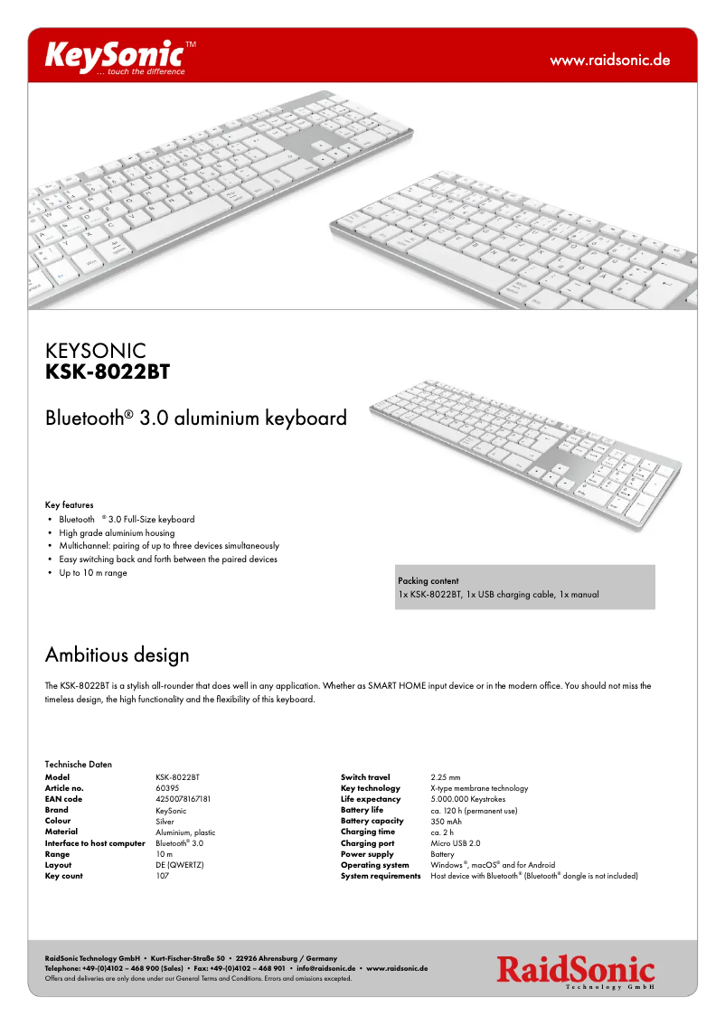 Page n°1 - Fiche technique KeySonic KSK-8022BT