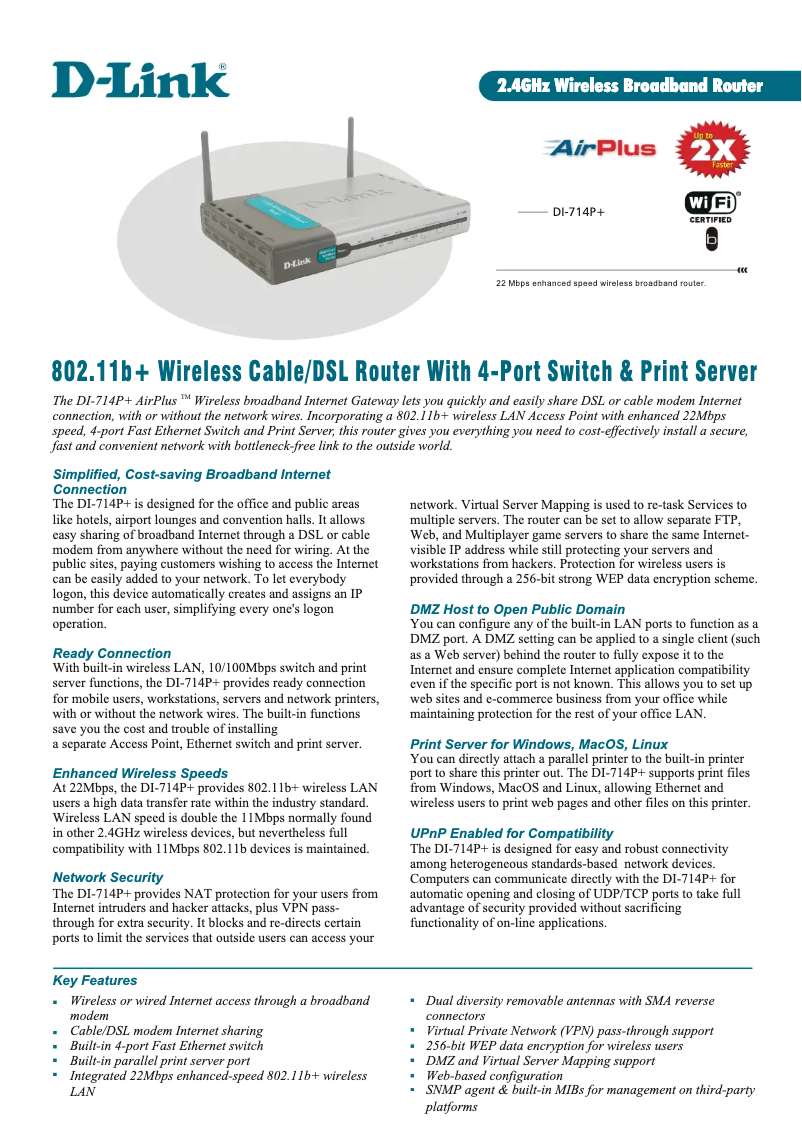 Page 1 de la notice Fiche technique D-Link DI-714P+