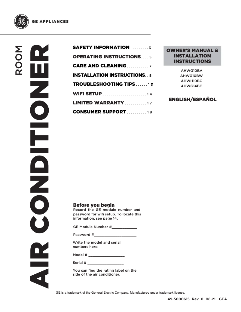 Page n°1 - Manuel d'utilisation et d'entretien GE AHWG14BC