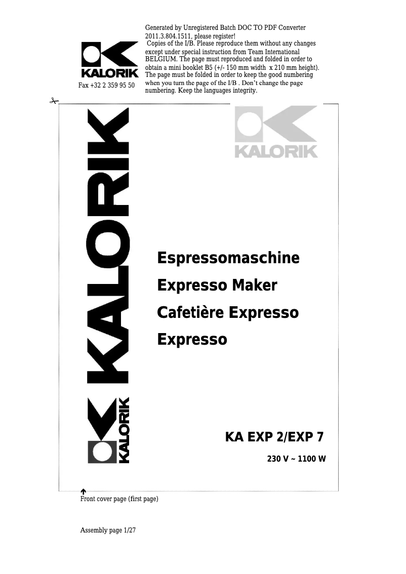 Page 1 de la notice Manuel utilisateur Kalorik KA EXP 7