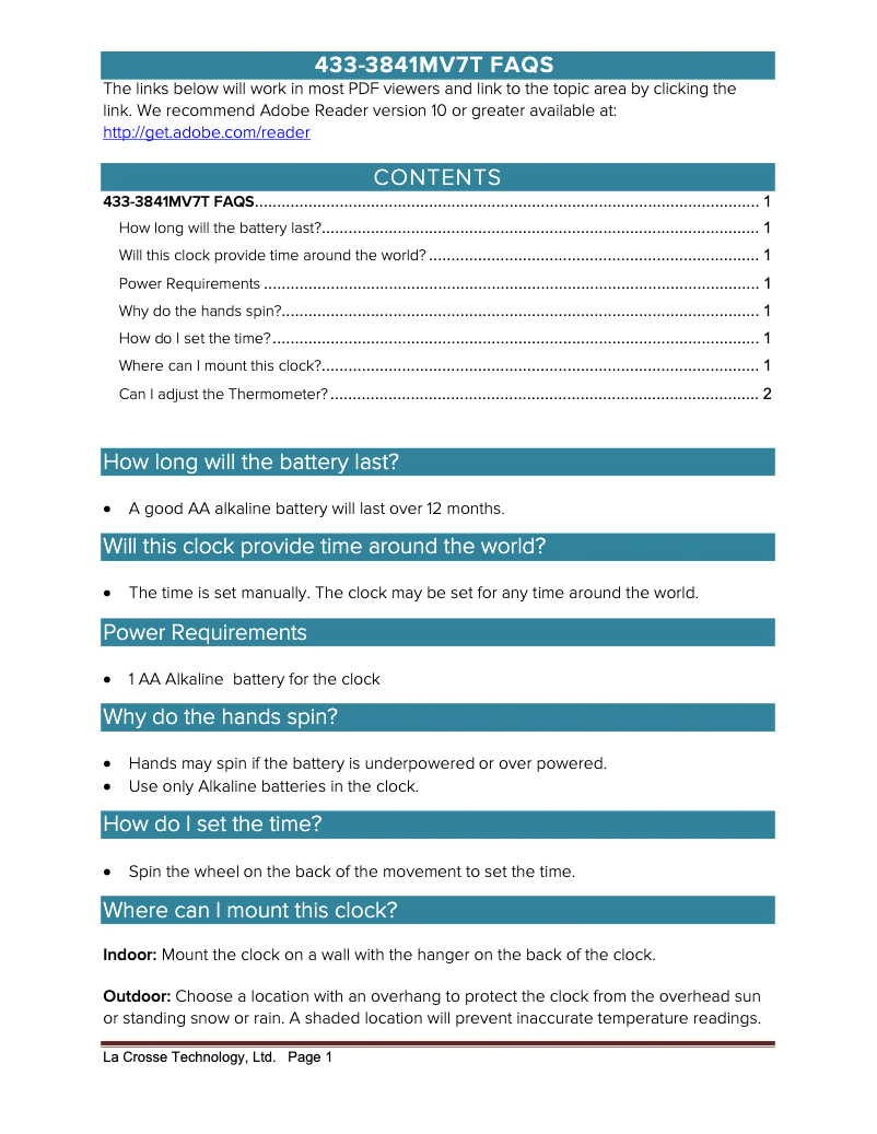 Page 1 de la notice FAQ La Crosse Technology 433-3841MV7T