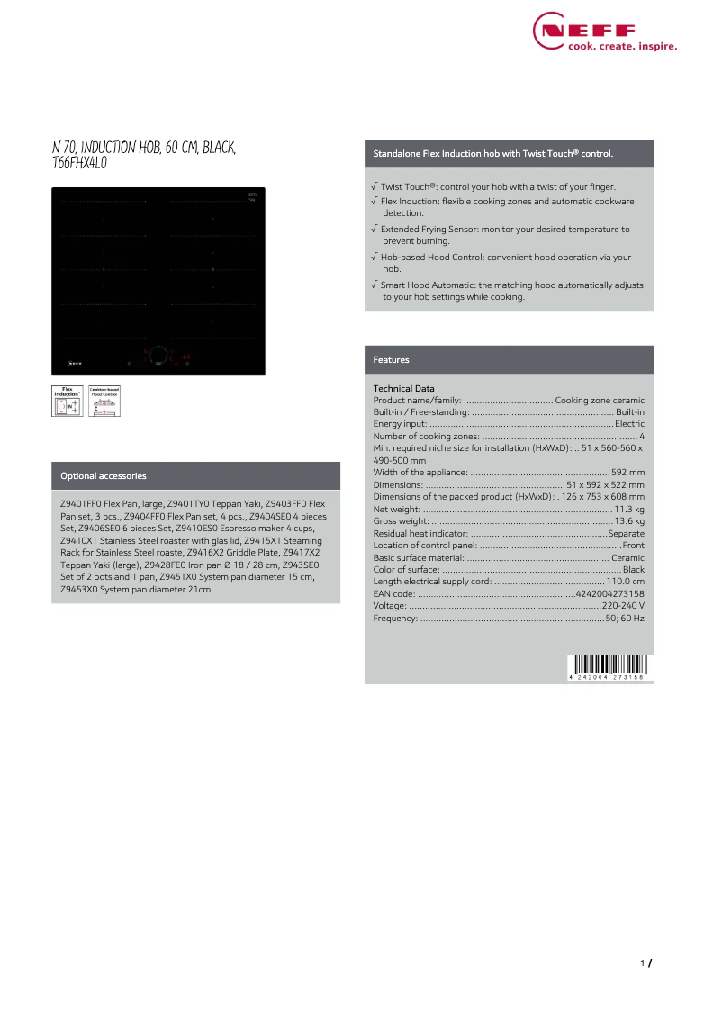 Page 1 de la notice Fiche technique Neff T66FHX4L0