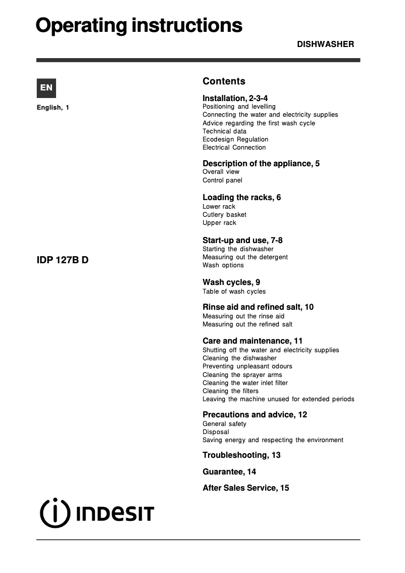 Page 1 de la notice Manuel utilisateur Indesit IDP 127B D