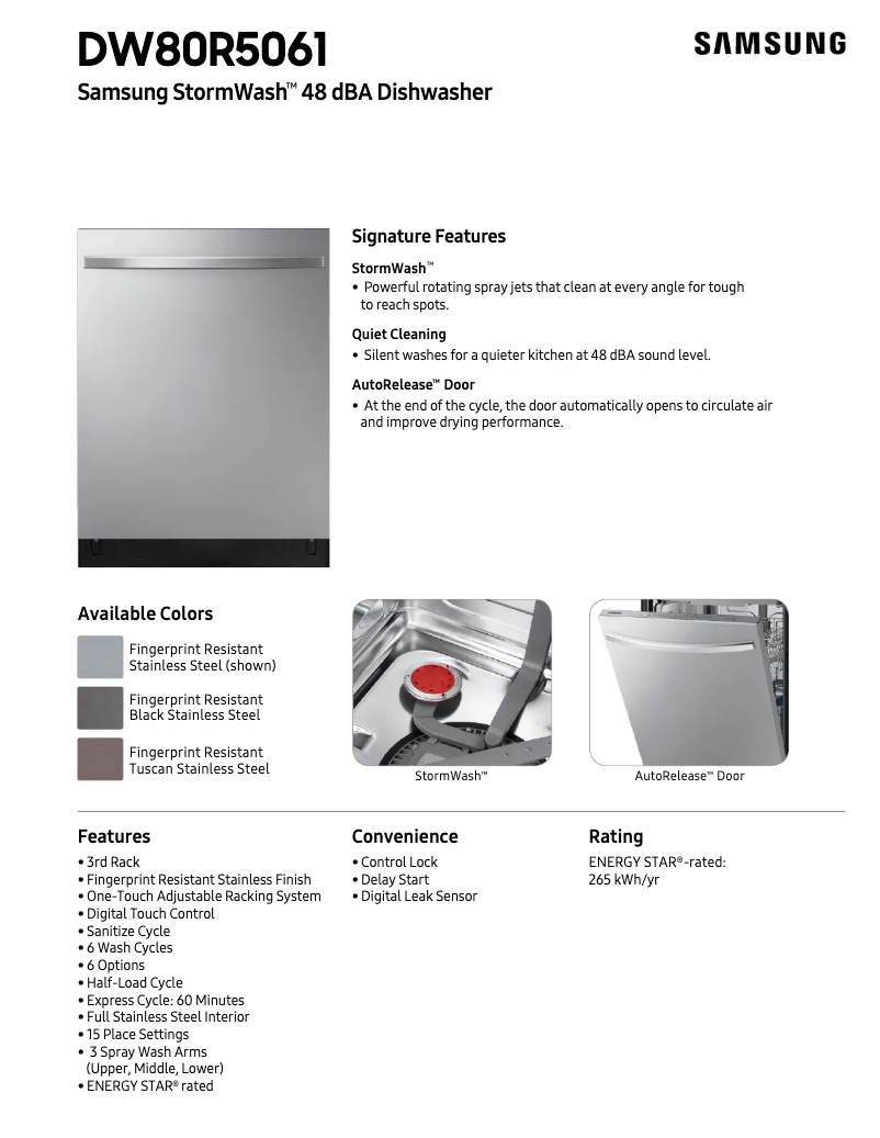Page 1 de la notice Fiche technique Samsung DW80R5061UT