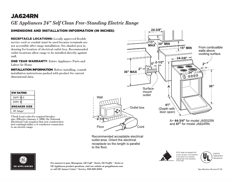 Page n°1 - Fiche technique GE JA624RNSS